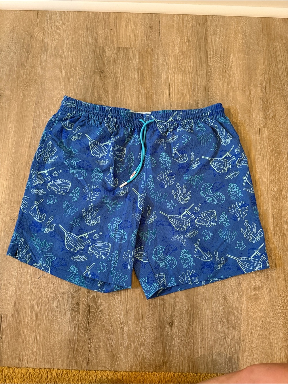 RSVLTS Blue Nautical Print Swim Trunks with Turquoise Drawstring